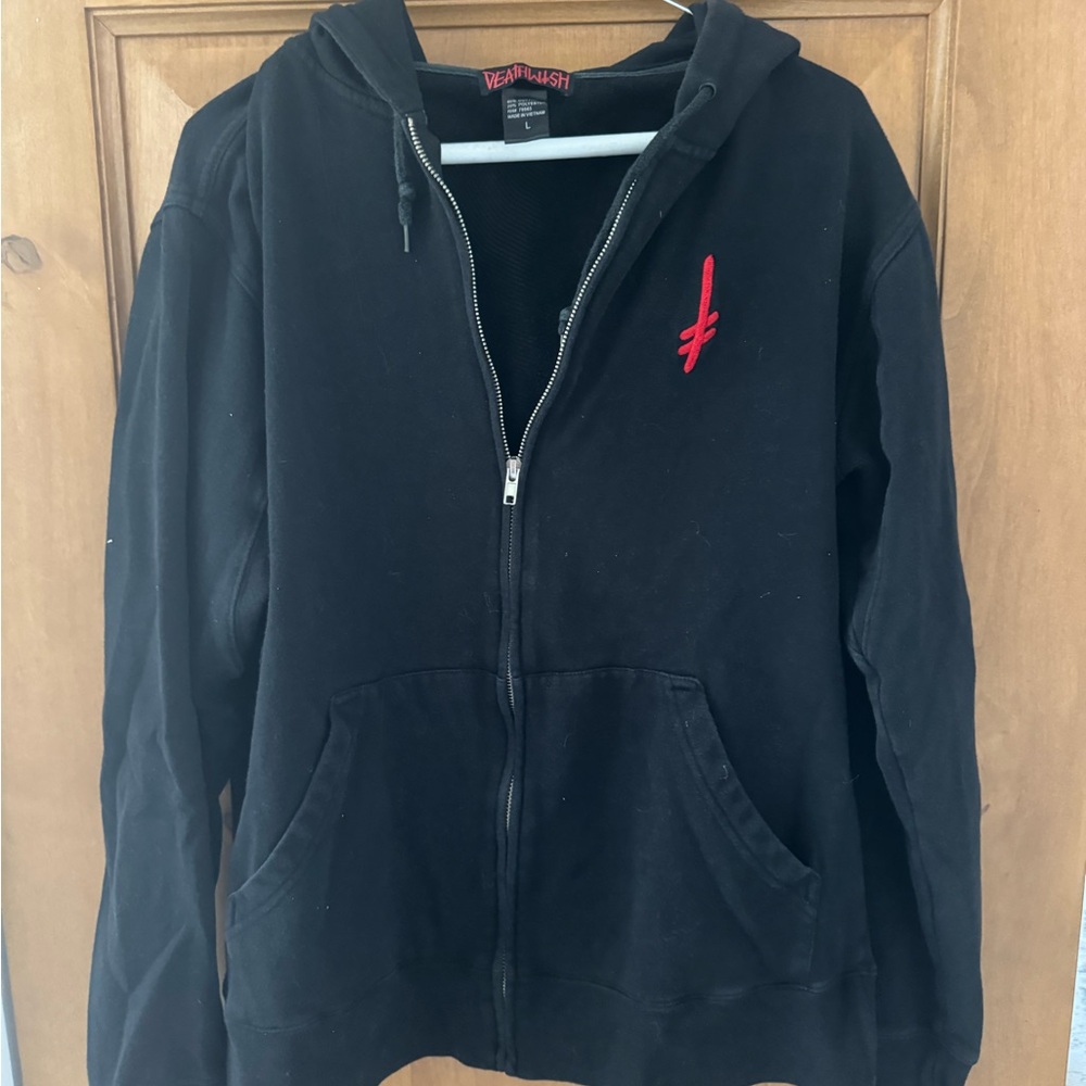 Black and Red Zip-Up Jacket with Ribbed Cuffs